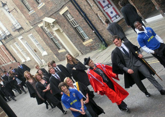 First-year Hatfield students processing to the Cathedral for matriculation, the ceremony celebrating the beginning of university life, led by the Acting Master, the Senior Man, and Fresher's Representatives.